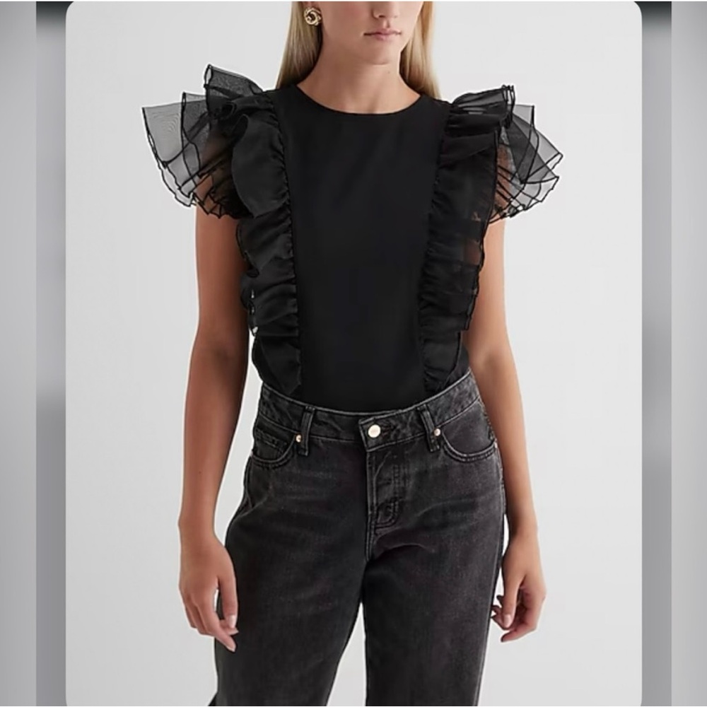 Express Black Tulle Ruffle Flutter Sleeve Statement Top size XS